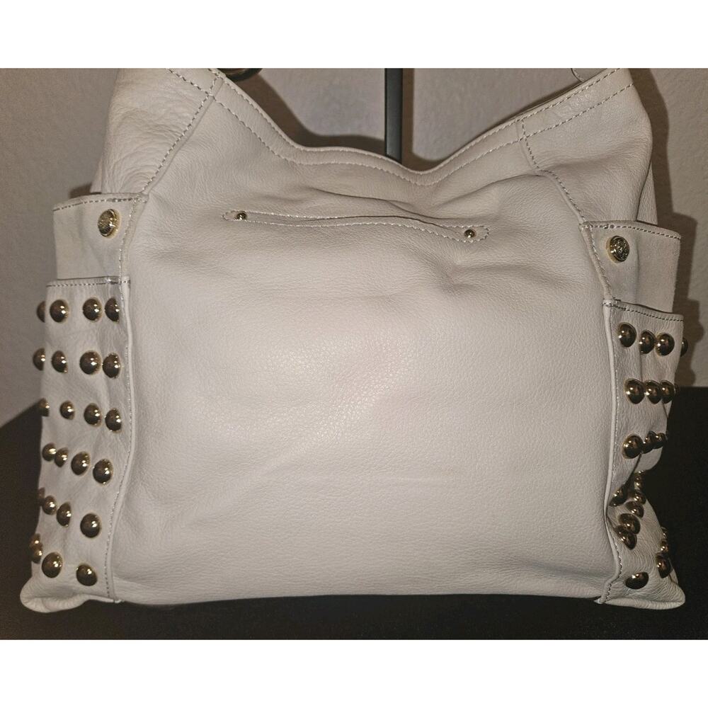 B Makowsky Leather Gold Studded Cream Handbag 14x10 - Picture 7 of 11